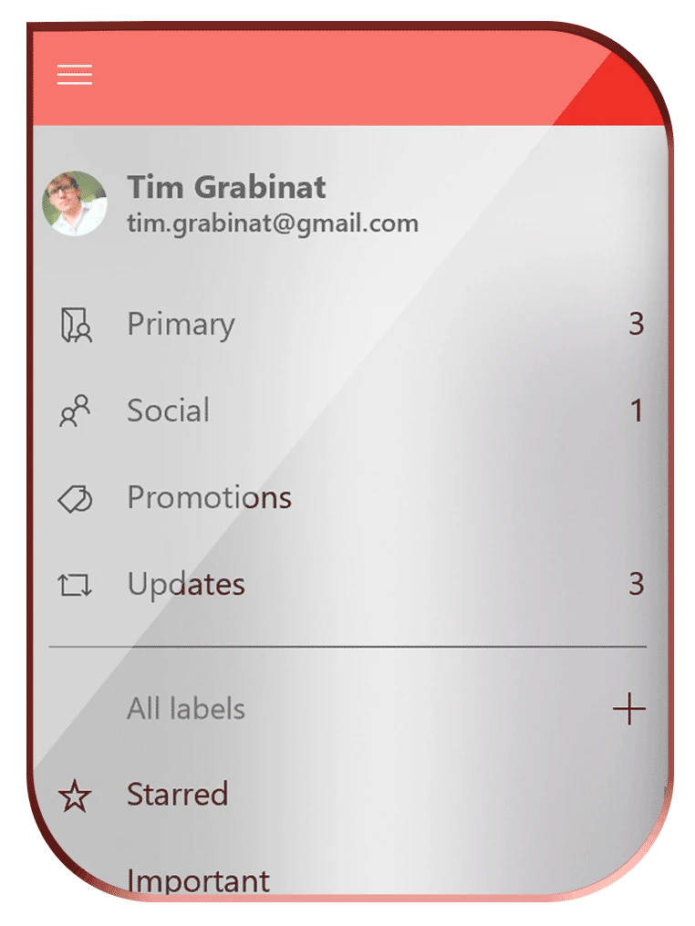 Three WunderMail panels showing Gmail categories, labels and conversations