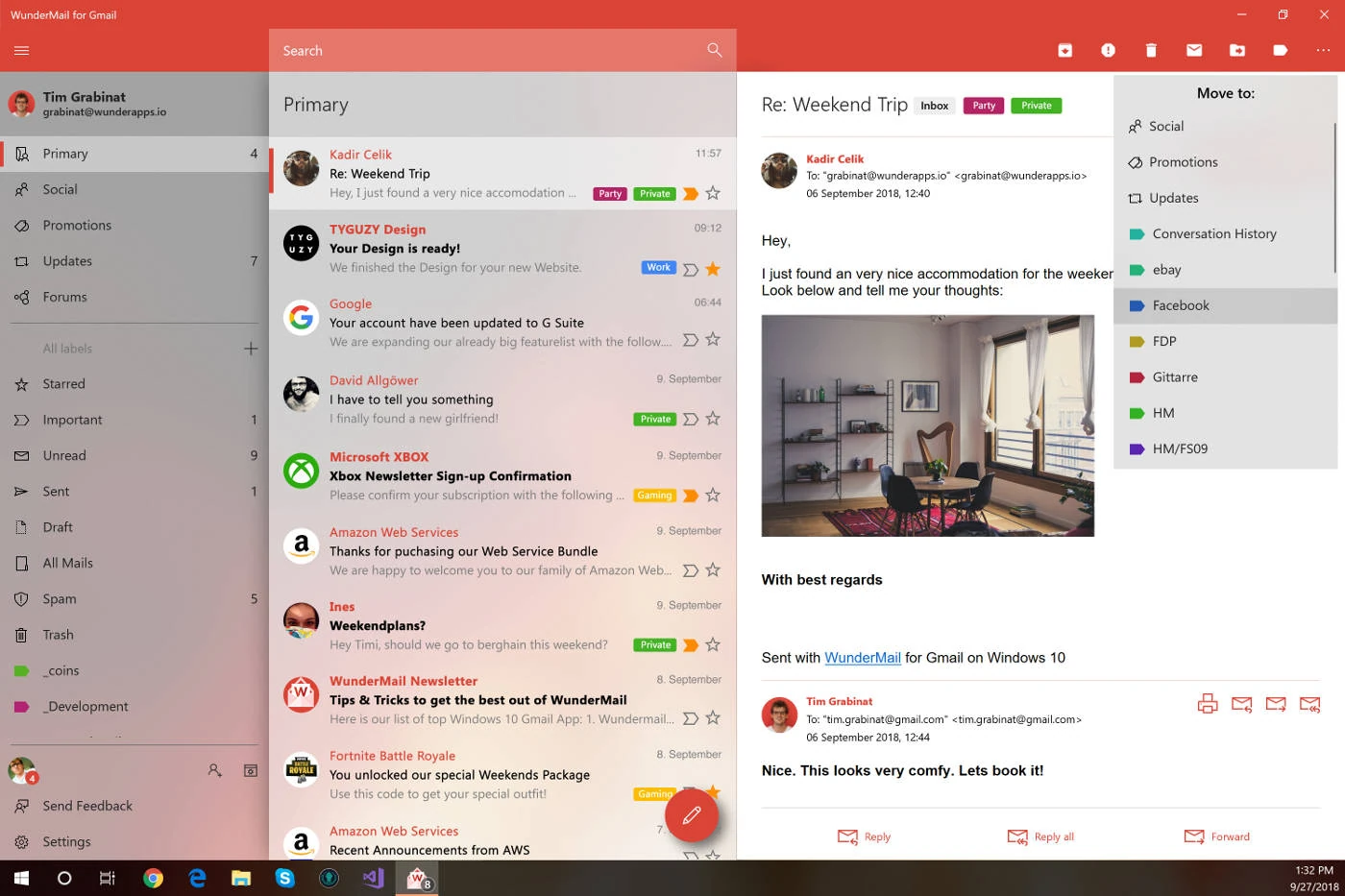 An open email in WunderMail beside the message list and Gmail sidebar